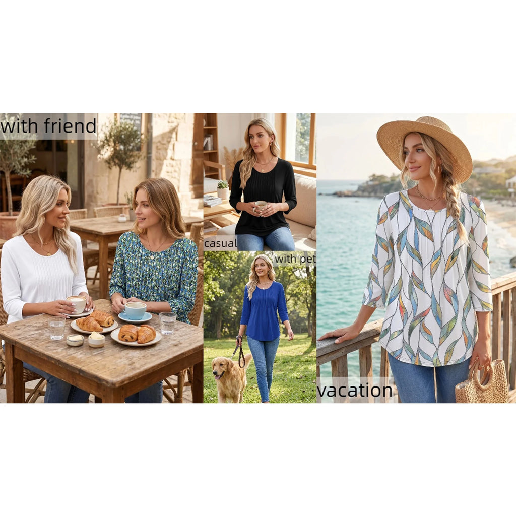 Women Summer Blouses 3/4 Sleeves Loose Fit Shirts Ladies Pleated Crew Neck Tunic Tops