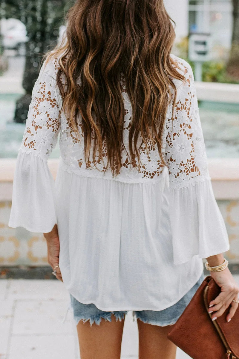 Hollow Out White Lace Blouses Shirt for Women Top Vintage V Neck Flare Sleeve Summer Blouse Ladies Boho Blusas Boho