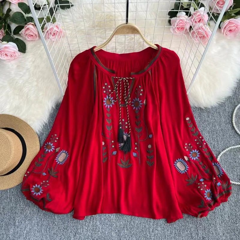 Summer Spring Autumn Sexy Women Embroidered Flare Sleeve Blouse Shirt Women Long Sleeve Retro Loose Boho Blouse Tops Female