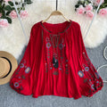 Summer Spring Autumn Sexy Women Embroidered Flare Sleeve Blouse Shirt Women Long Sleeve Retro Loose Boho Blouse Tops Female