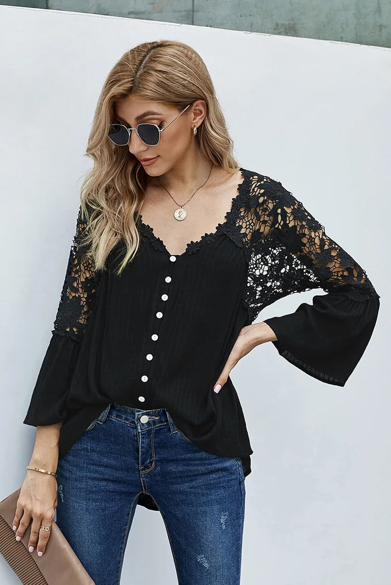 Hollow Out White Lace Blouses Shirt for Women Top Vintage V Neck Flare Sleeve Summer Blouse Ladies Boho Blusas Boho