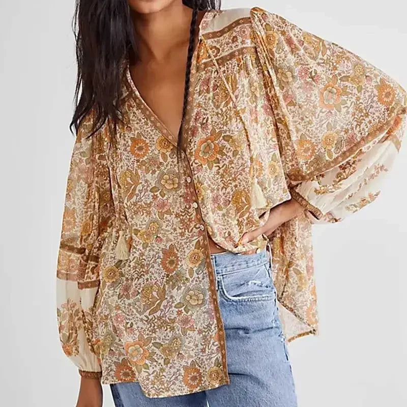 Super Chic Boho Blouse for Women Floral Print Buttons V-Neck Tassel Women Blouses Autumn Long Sleeve Blouse Shirt Tops Holiday