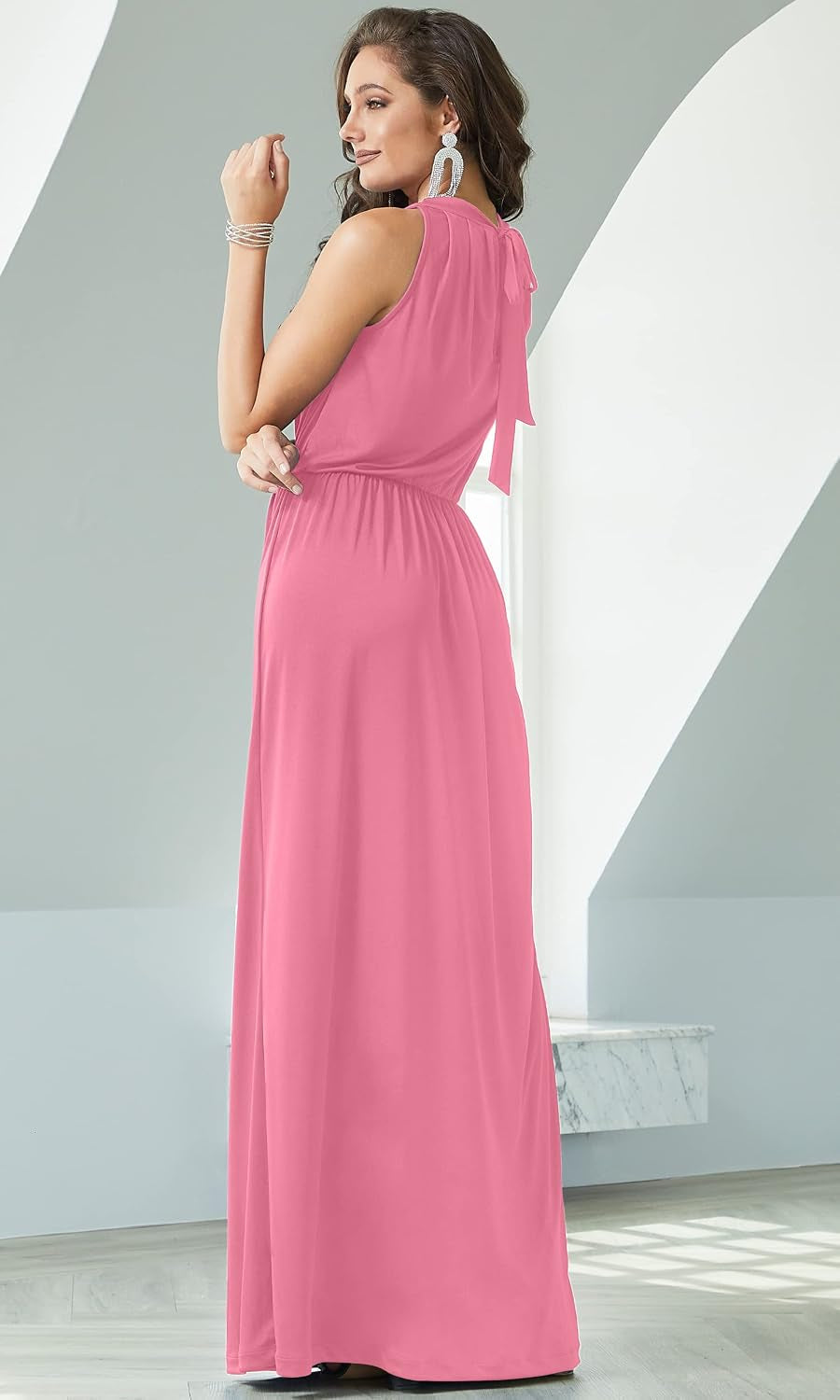 plus Size Womens Long Sleeveless Bridesmaid Halter Neck Wedding Party Guest Flowy Slimming Semi Formal Elegant Gala Ball Evening A-Line Tall Gown Maxi Dress, Rose Pink 4XL 26-28