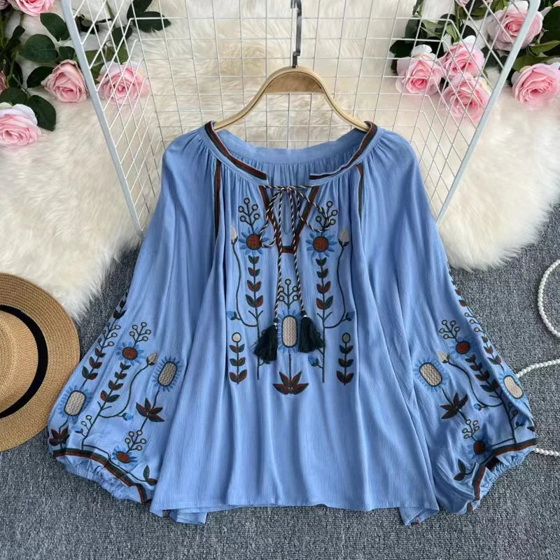 Summer Spring Autumn Sexy Women Embroidered Flare Sleeve Blouse Shirt Women Long Sleeve Retro Loose Boho Blouse Tops Female