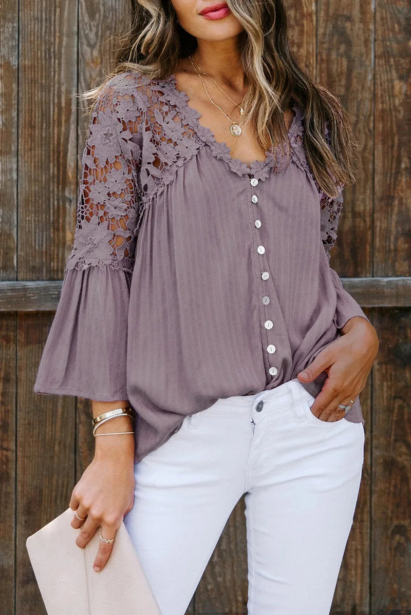 Hollow Out White Lace Blouses Shirt for Women Top Vintage V Neck Flare Sleeve Summer Blouse Ladies Boho Blusas Boho