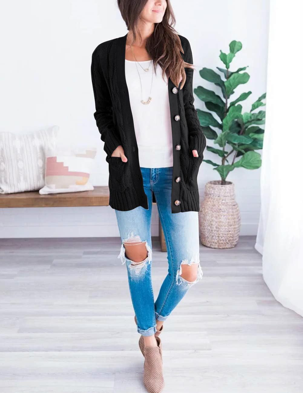 Womens Fall 2026 Long Sleeve Cable Knit Cardigan Sweaters | Open Front, Button Down, Ribbed Cuffs and Hem, Chunky Trendy Outerwear Coats, Fashion Winter Outfits