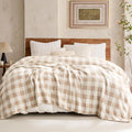 Queen Size Checkered Bedding Blanket Beige, Super Soft Warm Cozy Bed Blankets Oversized Fuzzy Plush Blankets for Bed, Bedroom, Plaid Beige, 90X90 Inches