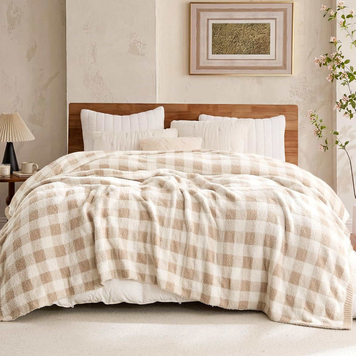 Queen Size Checkered Bedding Blanket Beige, Super Soft Warm Cozy Bed Blankets Oversized Fuzzy Plush Blankets for Bed, Bedroom, Plaid Beige, 90X90 Inches