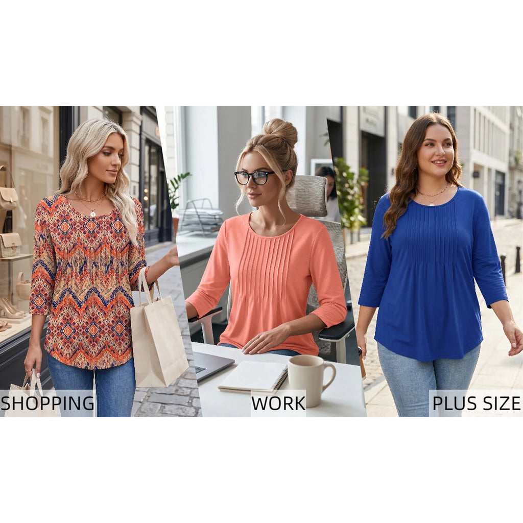 Women Summer Blouses 3/4 Sleeves Loose Fit Shirts Ladies Pleated Crew Neck Tunic Tops
