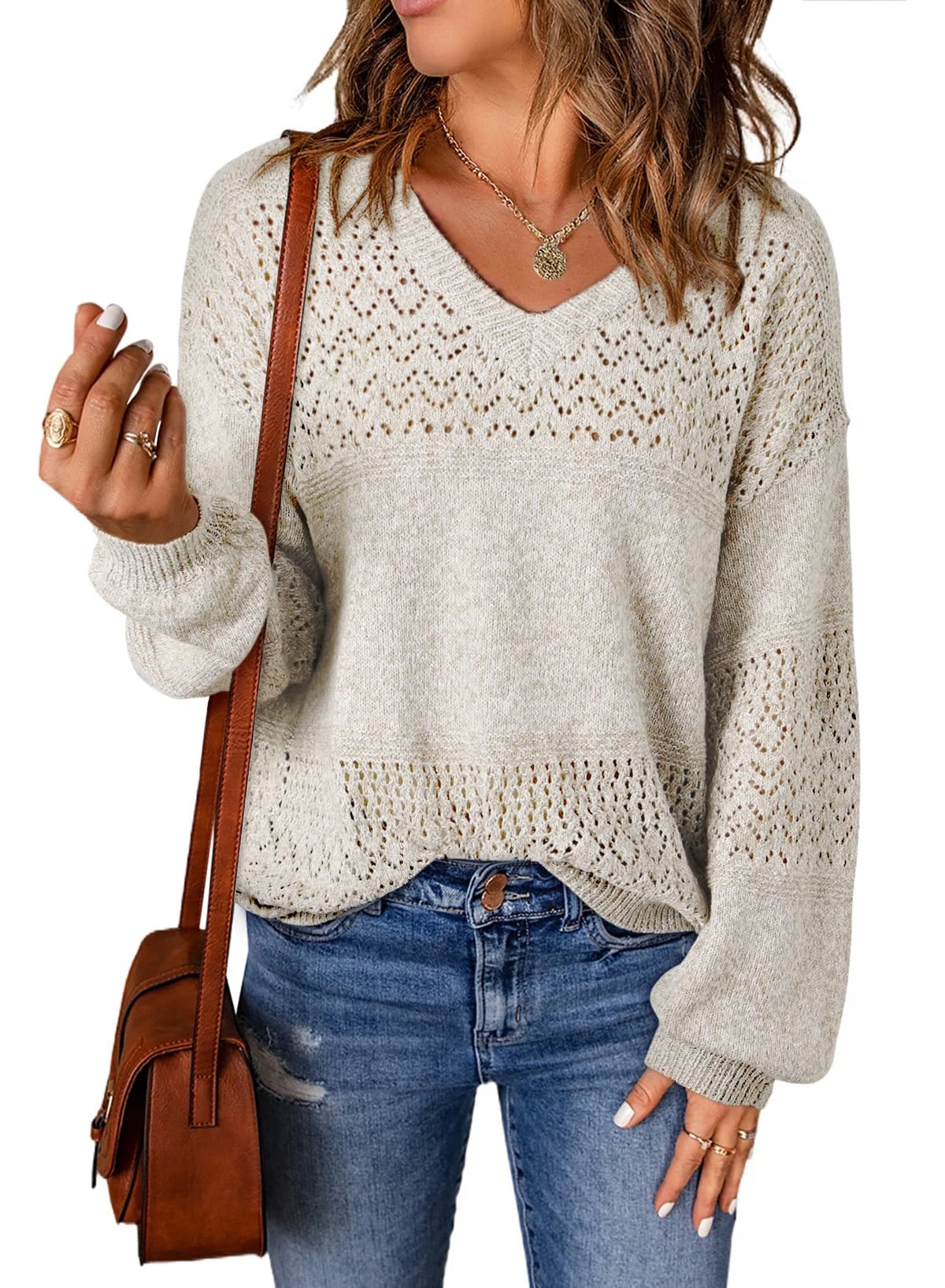Womens Sweater V Neck Long Sleeve Sweaters Hollow Out Knit Pullover Tops Crochet Lightweight Oversized Sweaters White L