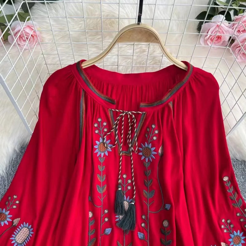 Summer Spring Autumn Sexy Women Embroidered Flare Sleeve Blouse Shirt Women Long Sleeve Retro Loose Boho Blouse Tops Female