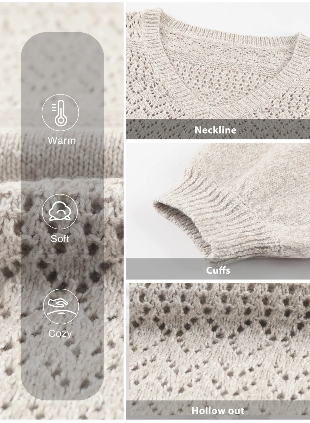 Womens Sweater V Neck Long Sleeve Sweaters Hollow Out Knit Pullover Tops Crochet Lightweight Oversized Sweaters White L