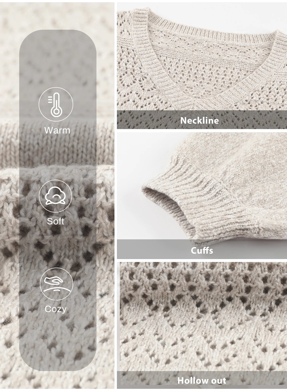 Womens Sweater V Neck Long Sleeve Sweaters Hollow Out Knit Pullover Tops Crochet Lightweight Oversized Sweaters White L