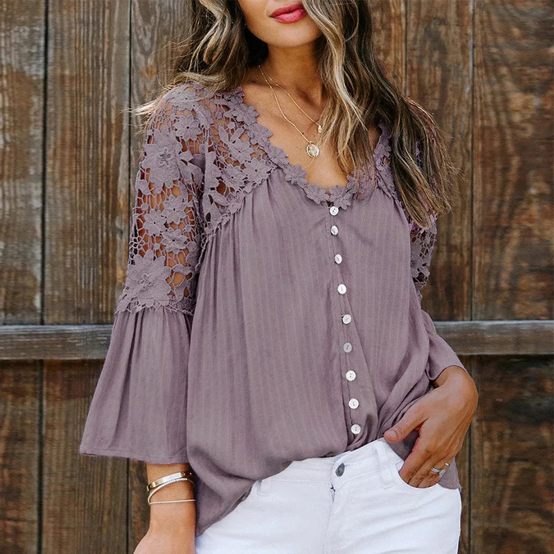 Hollow Out White Lace Blouses Shirt for Women Top Vintage V Neck Flare Sleeve Summer Blouse Ladies Boho Blusas Boho