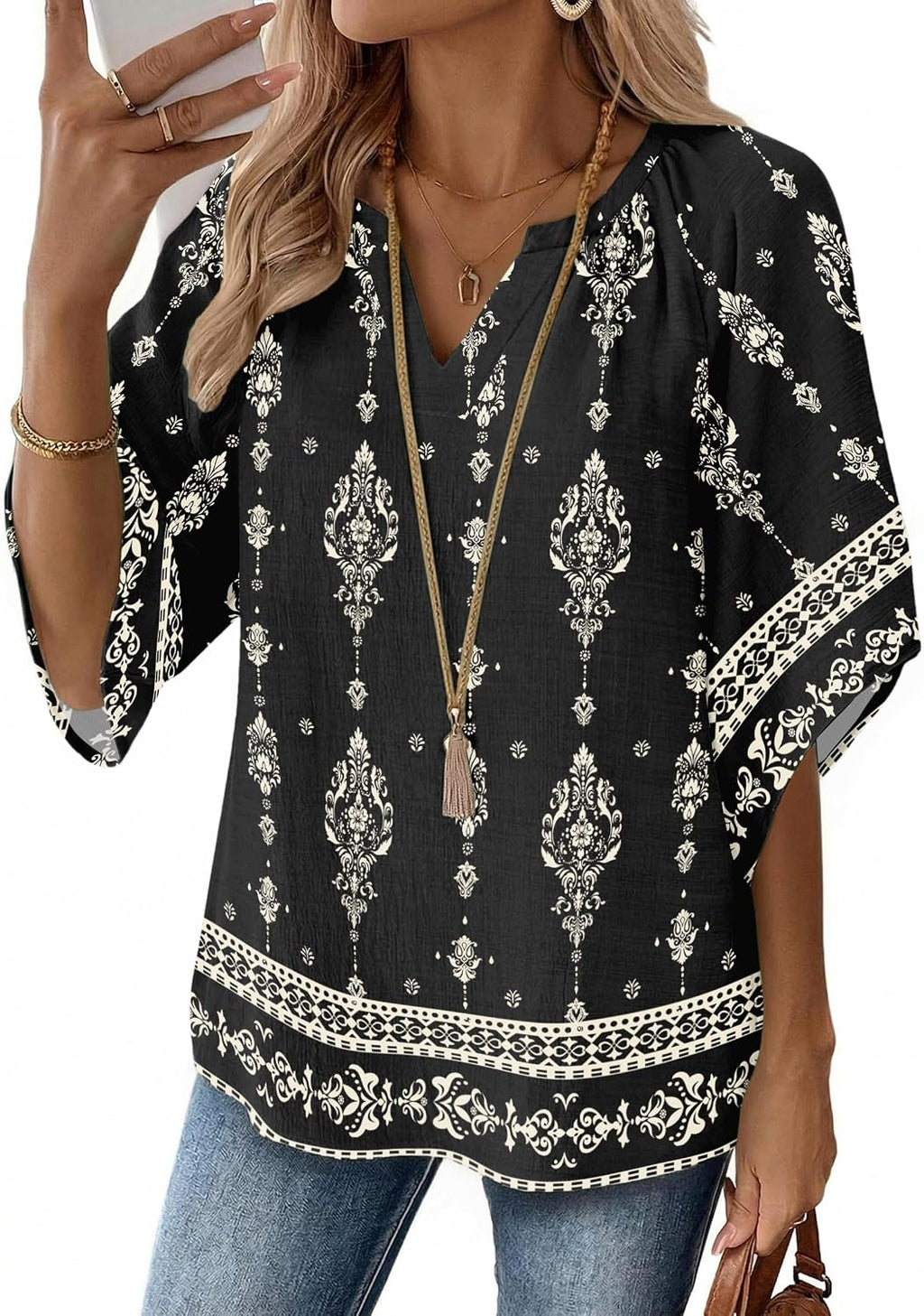 Womens Tops 3/4 Sleeve V Neck Bohemian Blouses Casual Tunic | Loose Fit, Boho Shirts, Floral Printed Fashion, Summer Clothing, Beach Vacation, Resort Wear