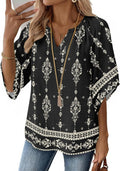 Womens Tops 3/4 Sleeve V Neck Bohemian Blouses Casual Tunic | Loose Fit, Boho Shirts, Floral Printed Fashion, Summer Clothing, Beach Vacation, Resort Wear