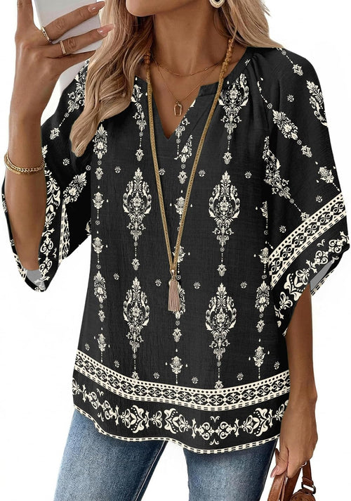 Womens Tops 3/4 Sleeve V Neck Bohemian Blouses Casual Tunic | Loose Fit, Boho Shirts, Floral Printed Fashion, Summer Clothing, Beach Vacation, Resort Wear