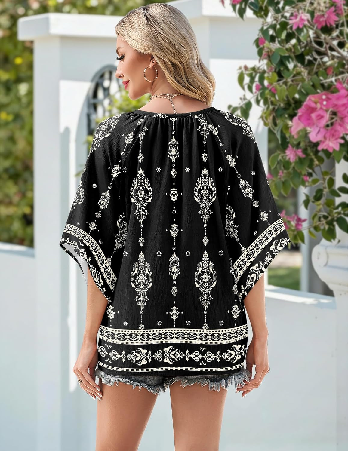 Womens Tops 3/4 Sleeve V Neck Bohemian Blouses Casual Tunic | Loose Fit, Boho Shirts, Floral Printed Fashion, Summer Clothing, Beach Vacation, Resort Wear