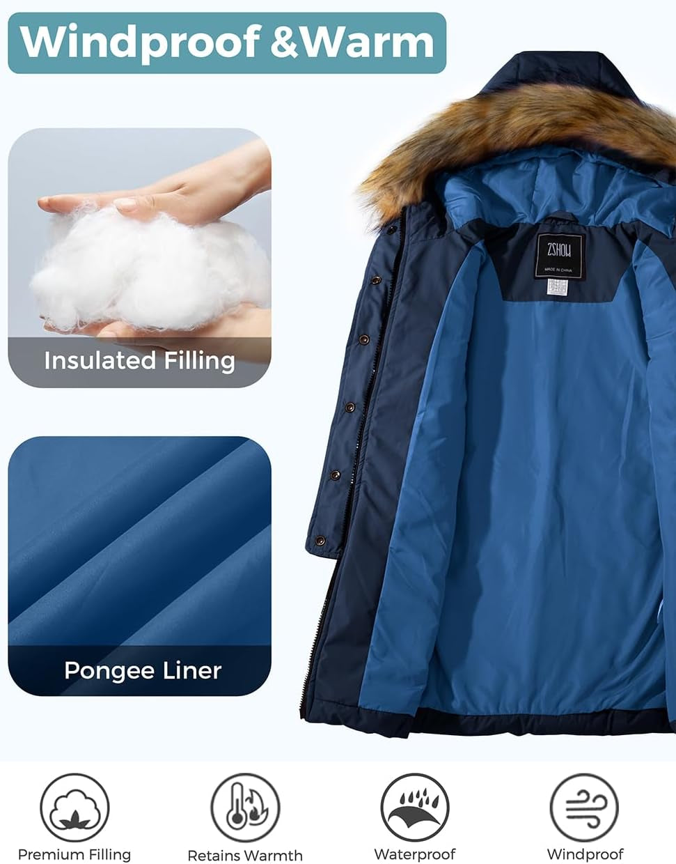 Girls' Long Winter Coat Waterproof Warm Puffer Jacket Hooded Parka