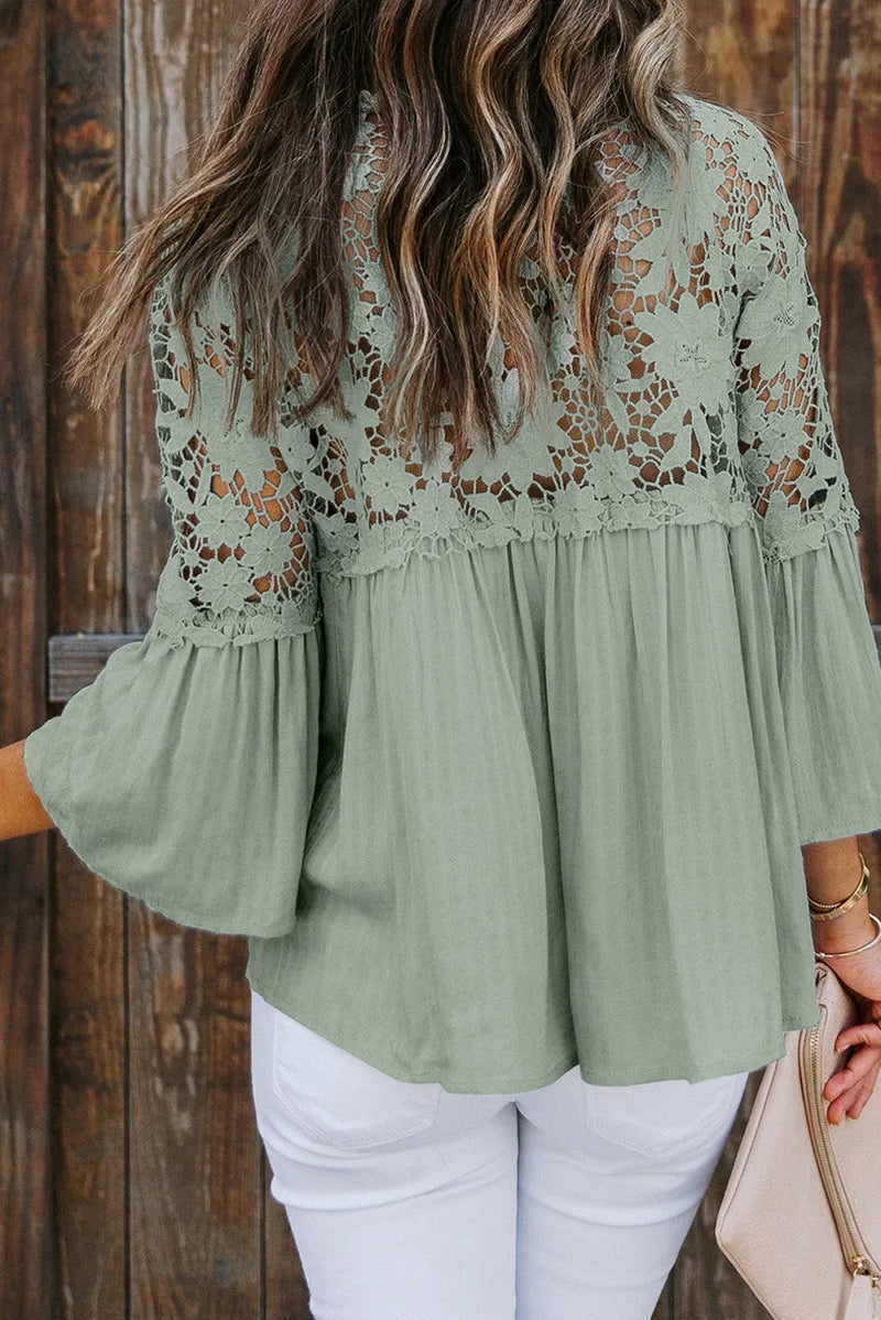 Hollow Out White Lace Blouses Shirt for Women Top Vintage V Neck Flare Sleeve Summer Blouse Ladies Boho Blusas Boho