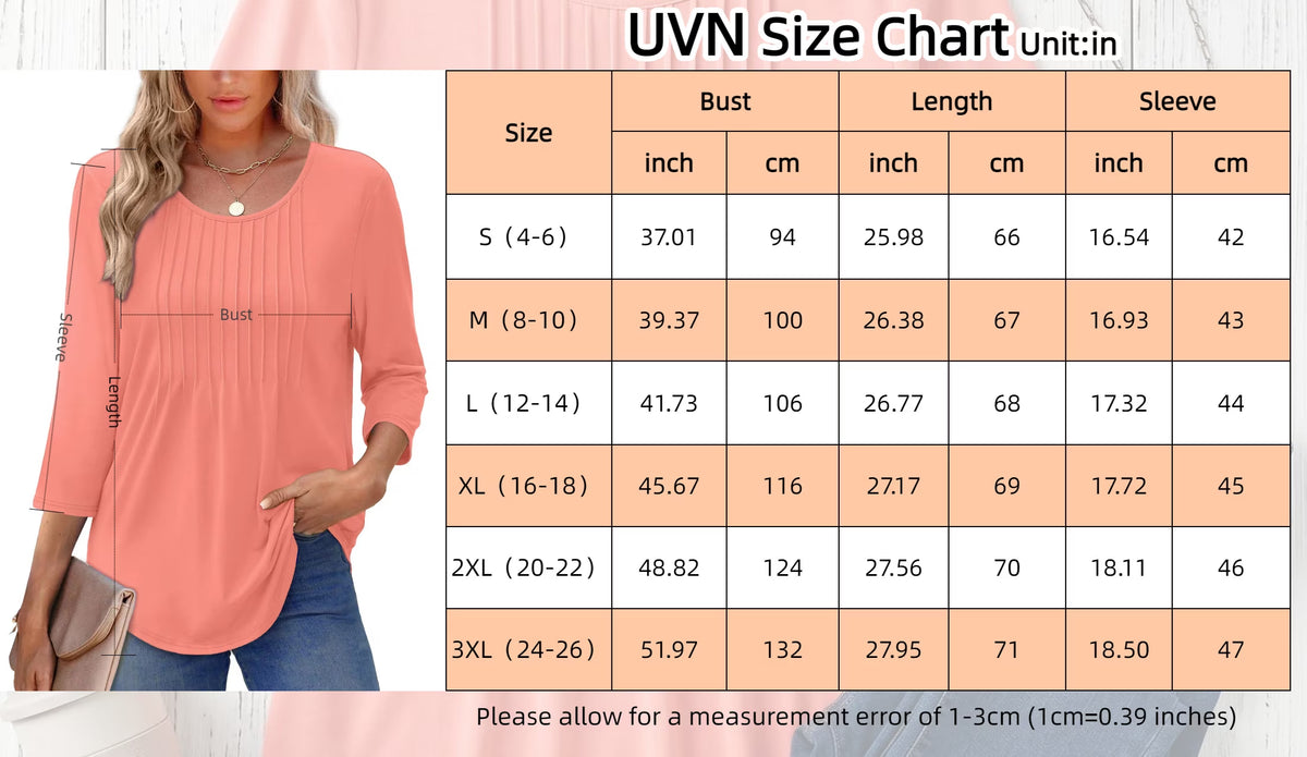 Women Summer Blouses 3/4 Sleeves Loose Fit Shirts Ladies Pleated Crew Neck Tunic Tops