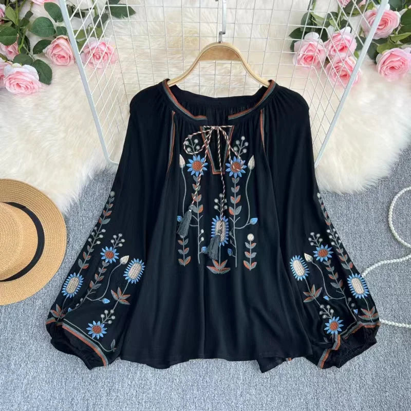 Summer Spring Autumn Sexy Women Embroidered Flare Sleeve Blouse Shirt Women Long Sleeve Retro Loose Boho Blouse Tops Female