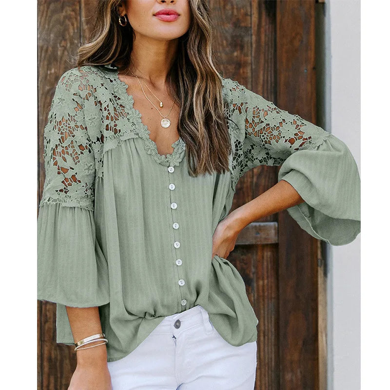 Hollow Out White Lace Blouses Shirt for Women Top Vintage V Neck Flare Sleeve Summer Blouse Ladies Boho Blusas Boho