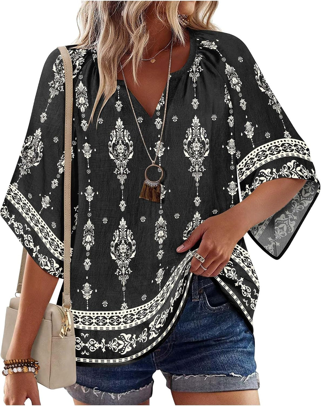 Womens Tops 3/4 Sleeve V Neck Bohemian Blouses Casual Tunic | Loose Fit, Boho Shirts, Floral Printed Fashion, Summer Clothing, Beach Vacation, Resort Wear