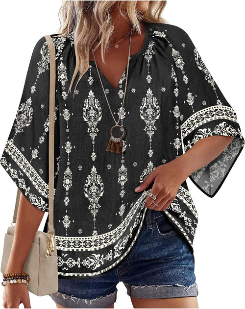 Womens Tops 3/4 Sleeve V Neck Bohemian Blouses Casual Tunic | Loose Fit, Boho Shirts, Floral Printed Fashion, Summer Clothing, Beach Vacation, Resort Wear
