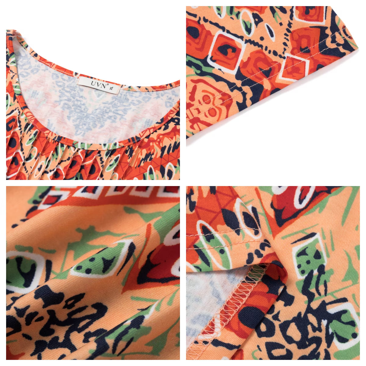 Women Summer Blouses 3/4 Sleeves Loose Fit Shirts Ladies Pleated Crew Neck Tunic Tops