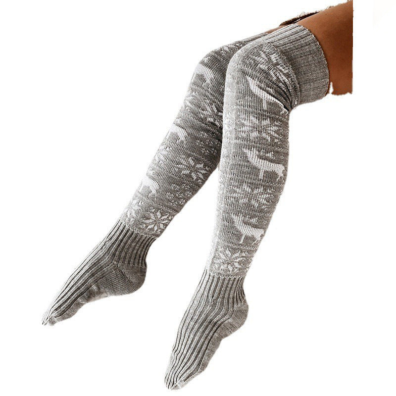 Winter Christmas Warm Knitted Women Stocking Beautiful Elk Snowflake Jacquard Over-The-Knee Casual Long Socks for Ladies Gifts Free Size