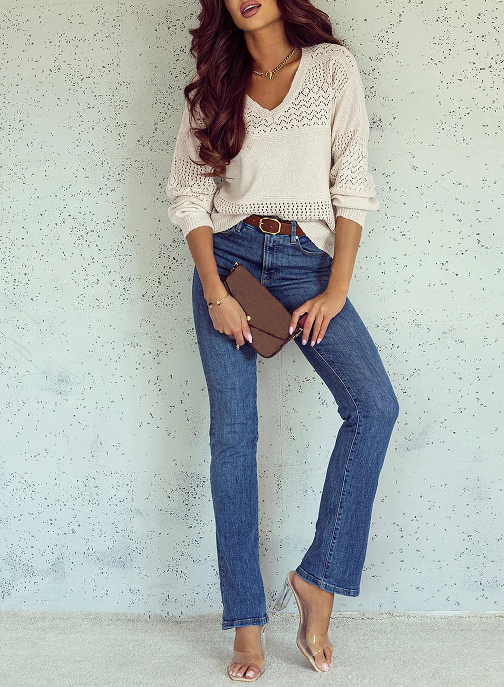 Womens Sweater V Neck Long Sleeve Sweaters Hollow Out Knit Pullover Tops Crochet Lightweight Oversized Sweaters White L