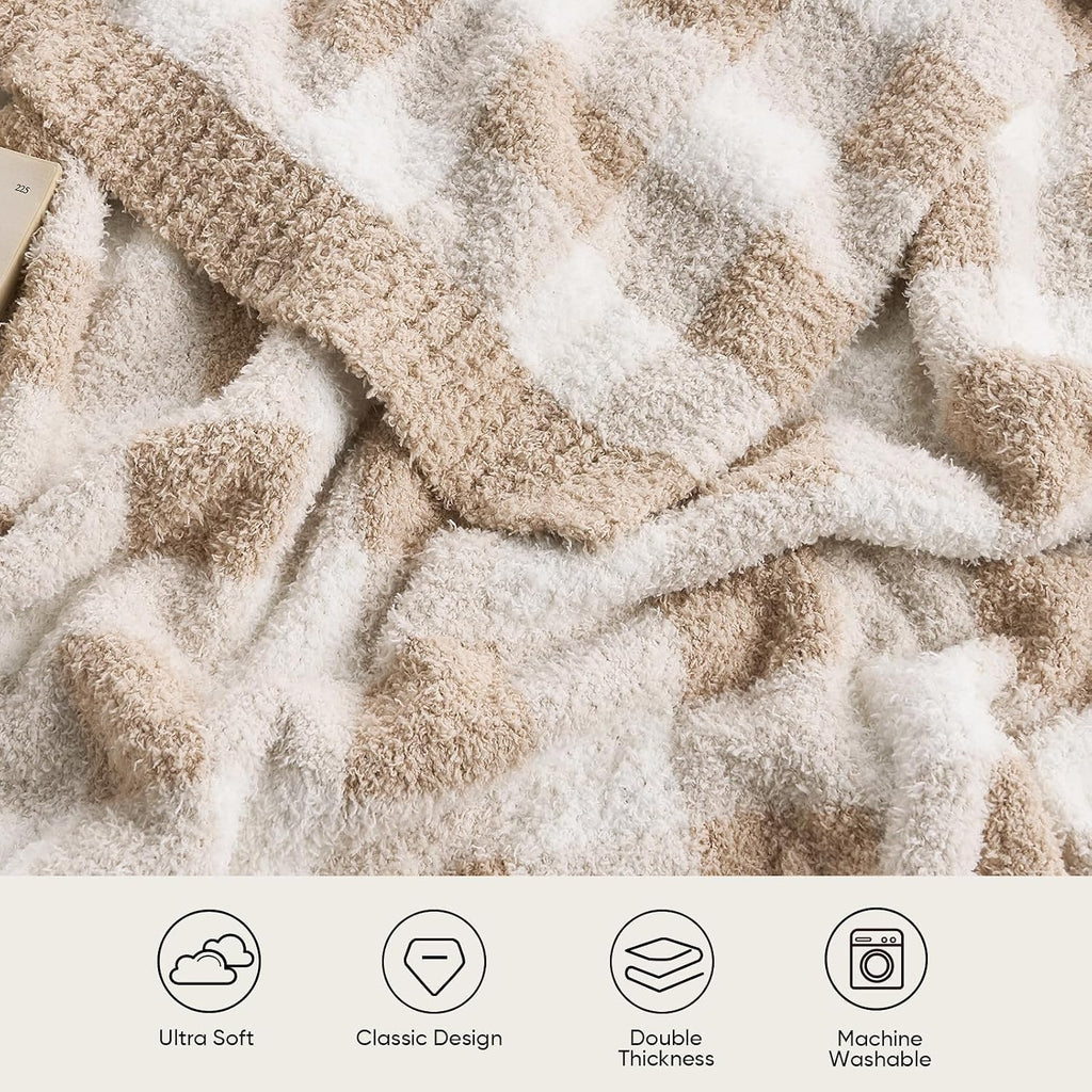 Queen Size Checkered Bedding Blanket Beige, Super Soft Warm Cozy Bed Blankets Oversized Fuzzy Plush Blankets for Bed, Bedroom, Plaid Beige, 90X90 Inches