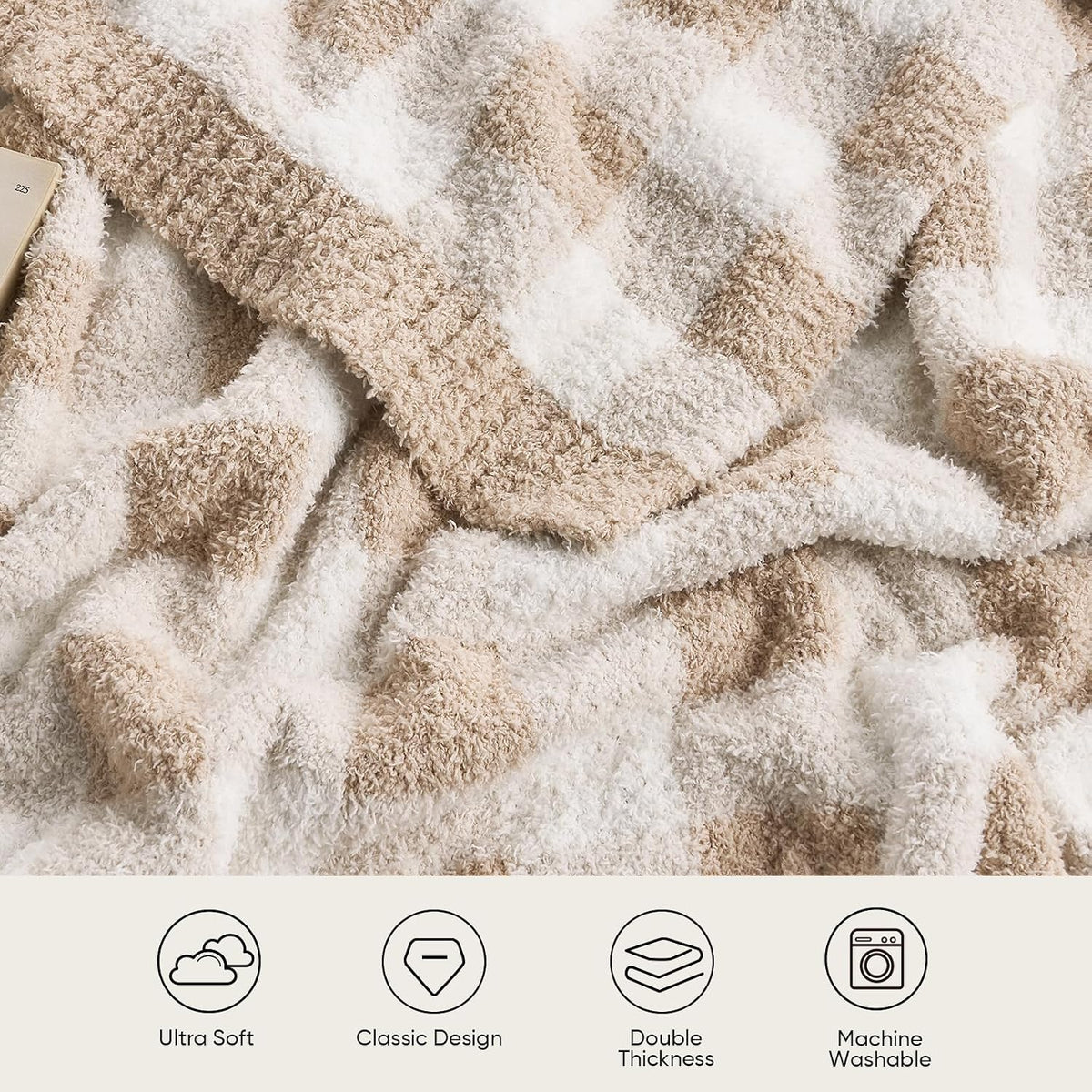 Queen Size Checkered Bedding Blanket Beige, Super Soft Warm Cozy Bed Blankets Oversized Fuzzy Plush Blankets for Bed, Bedroom, Plaid Beige, 90X90 Inches