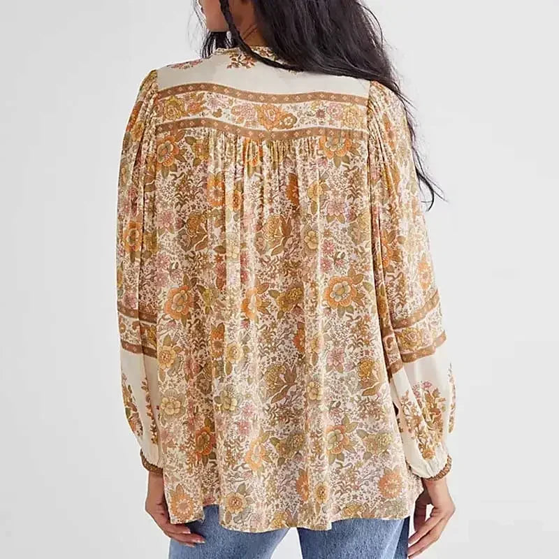 Super Chic Boho Blouse for Women Floral Print Buttons V-Neck Tassel Women Blouses Autumn Long Sleeve Blouse Shirt Tops Holiday