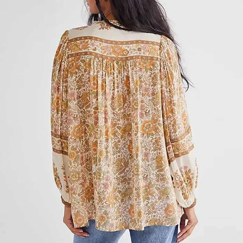 Super Chic Boho Blouse for Women Floral Print Buttons V-Neck Tassel Women Blouses Autumn Long Sleeve Blouse Shirt Tops Holiday