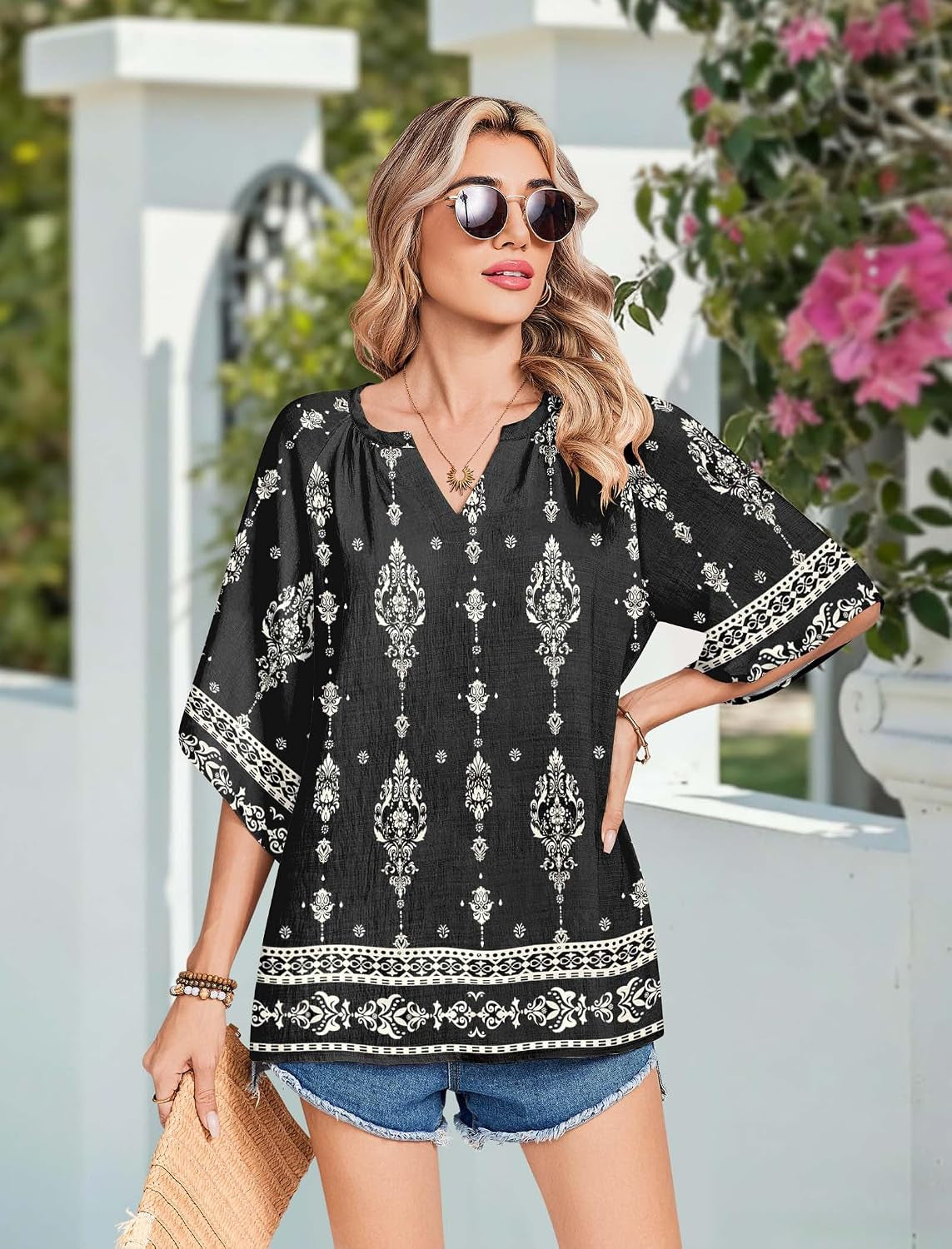 Womens Tops 3/4 Sleeve V Neck Bohemian Blouses Casual Tunic | Loose Fit, Boho Shirts, Floral Printed Fashion, Summer Clothing, Beach Vacation, Resort Wear