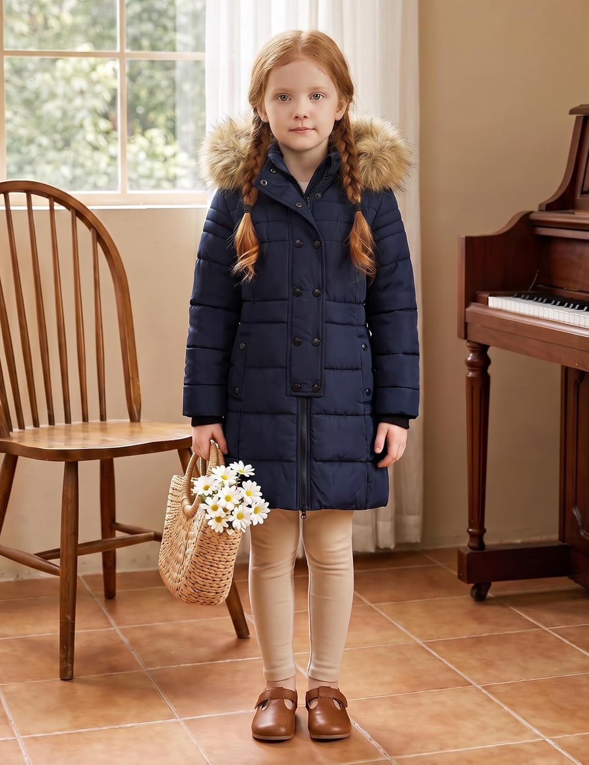Girls' Long Winter Coat Waterproof Warm Puffer Jacket Hooded Parka