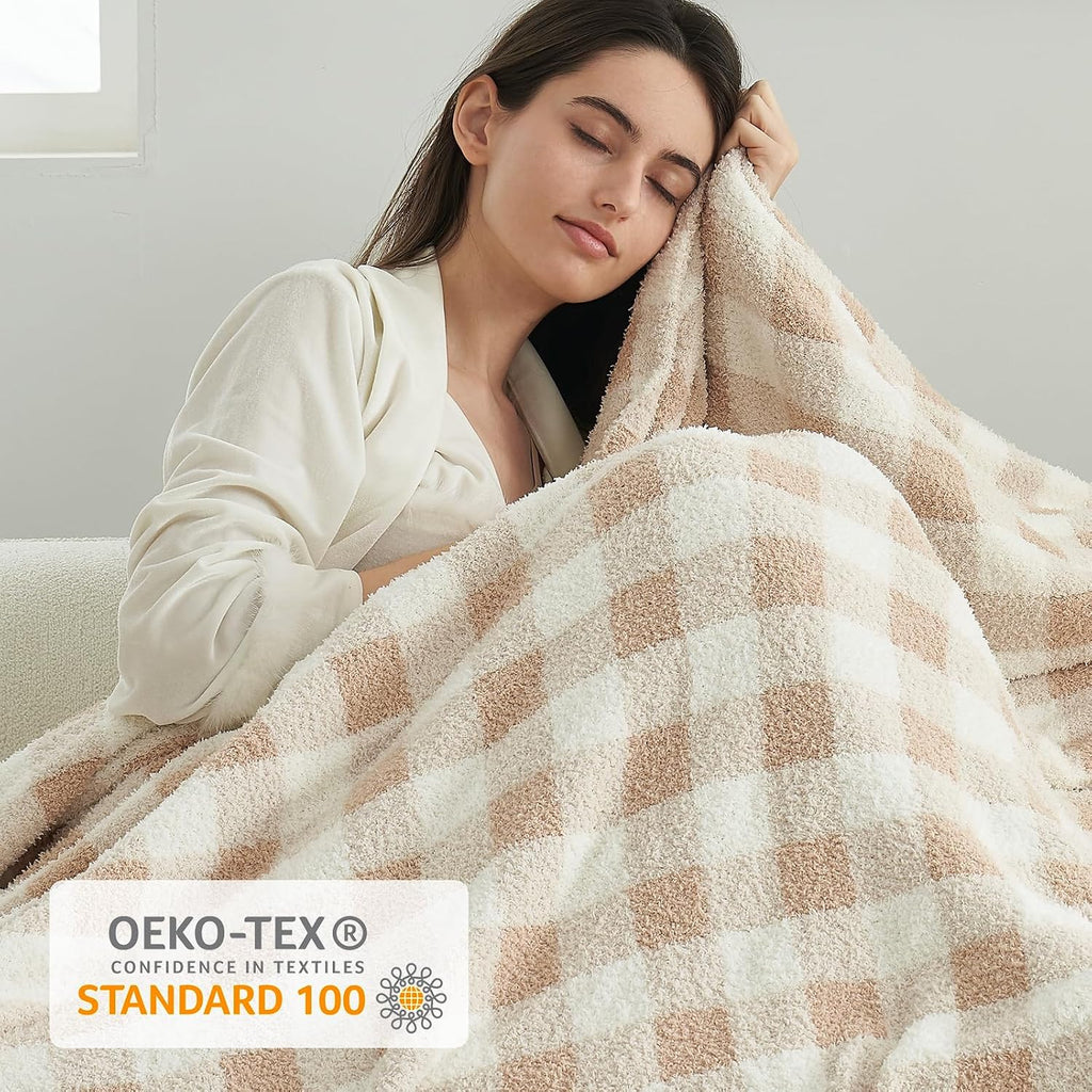 Queen Size Checkered Bedding Blanket Beige, Super Soft Warm Cozy Bed Blankets Oversized Fuzzy Plush Blankets for Bed, Bedroom, Plaid Beige, 90X90 Inches
