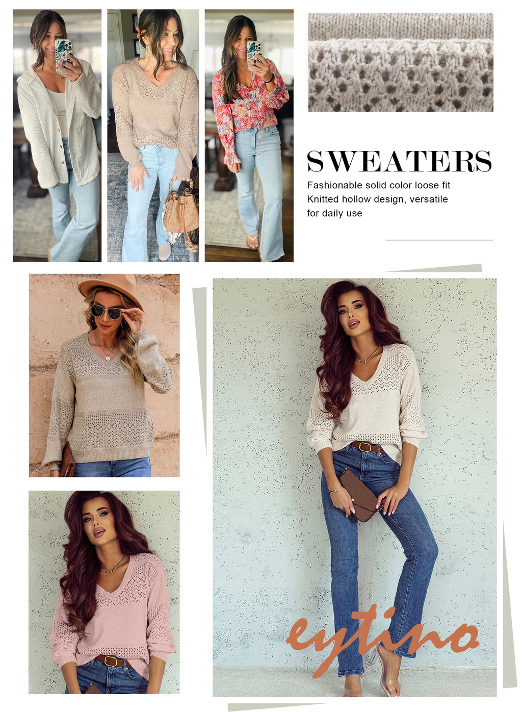 Womens Sweater V Neck Long Sleeve Sweaters Hollow Out Knit Pullover Tops Crochet Lightweight Oversized Sweaters White L