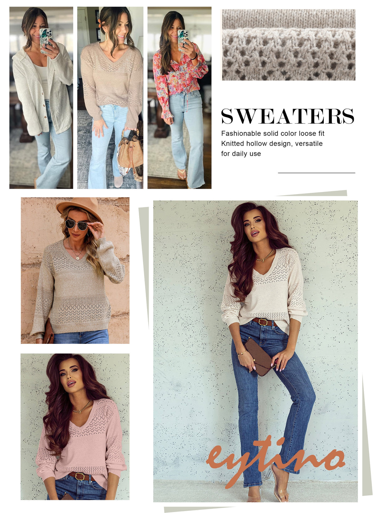 Womens Sweater V Neck Long Sleeve Sweaters Hollow Out Knit Pullover Tops Crochet Lightweight Oversized Sweaters White L