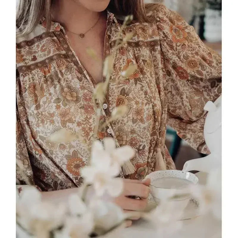 Super Chic Boho Blouse for Women Floral Print Buttons V-Neck Tassel Women Blouses Autumn Long Sleeve Blouse Shirt Tops Holiday