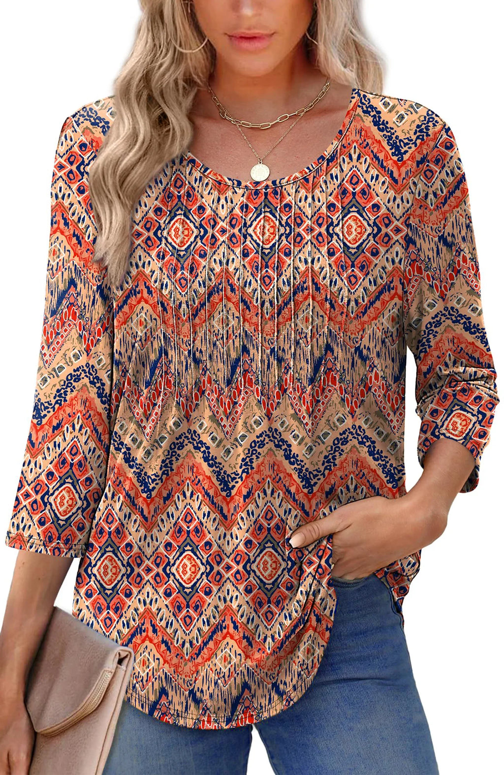 Women Summer Blouses 3/4 Sleeves Loose Fit Shirts Ladies Pleated Crew Neck Tunic Tops