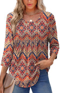 Women Summer Blouses 3/4 Sleeves Loose Fit Shirts Ladies Pleated Crew Neck Tunic Tops