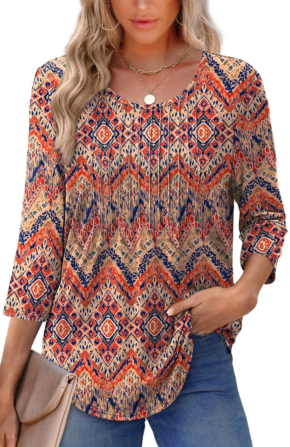 Women Summer Blouses 3/4 Sleeves Loose Fit Shirts Ladies Pleated Crew Neck Tunic Tops