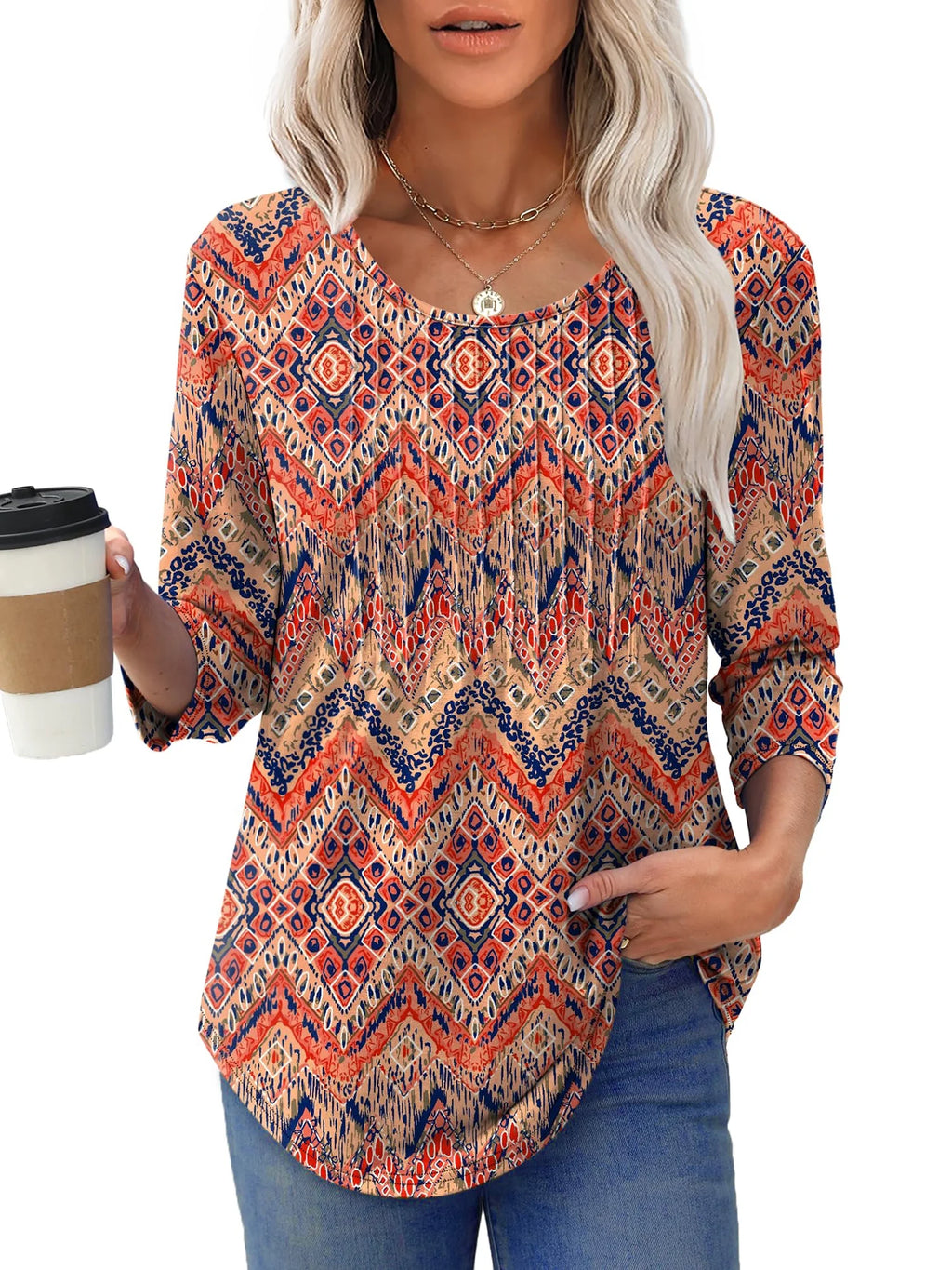 Women Summer Blouses 3/4 Sleeves Loose Fit Shirts Ladies Pleated Crew Neck Tunic Tops