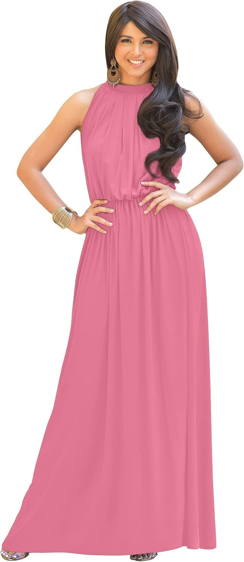 plus Size Womens Long Sleeveless Bridesmaid Halter Neck Wedding Party Guest Flowy Slimming Semi Formal Elegant Gala Ball Evening A-Line Tall Gown Maxi Dress, Rose Pink 4XL 26-28