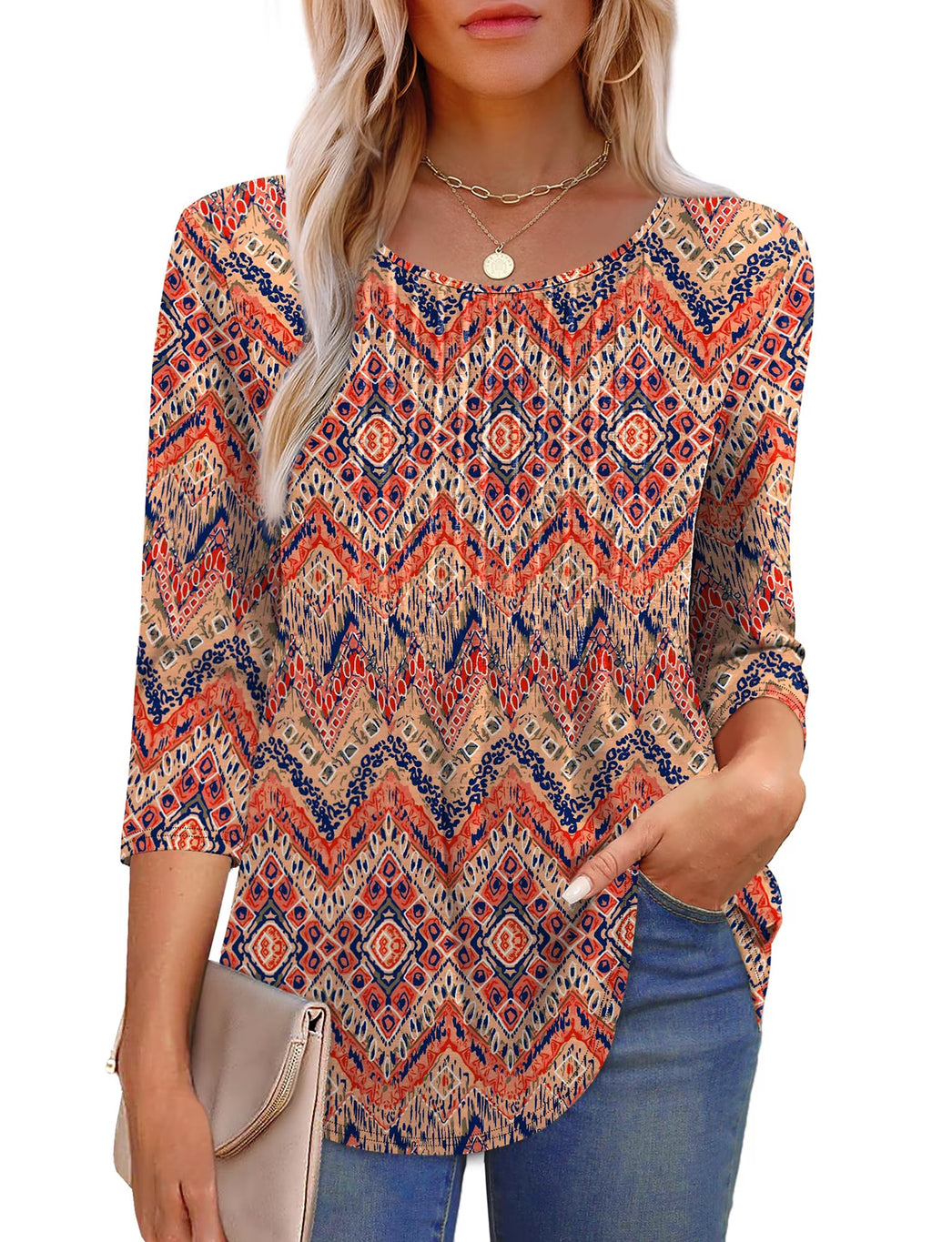 Women Summer Blouses 3/4 Sleeves Loose Fit Shirts Ladies Pleated Crew Neck Tunic Tops