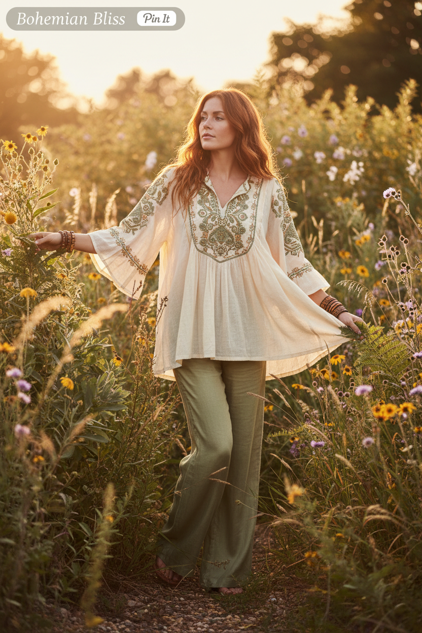 Embroidered Flare Sleeve Boho Blouse lifestyle photo